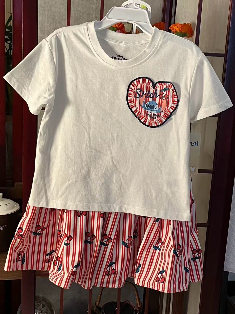 Disney White Tee and Red-Striped Skirt Matching Set with Stitch Heart Patch